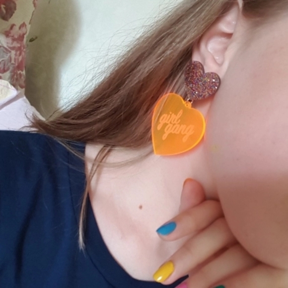Girl Gang Oversized Glitter Orange Heart Earrings - Picture 7 of 7